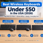 Best wireless keyboards under $50 in the USA for 2026, featuring Logitech Pebble Keys 2 K380s, Logitech MK295, Logitech MK270, Arteck wireless keyboard, and Amazon Basics wireless keyboard for work, home office, study, and everyday use.