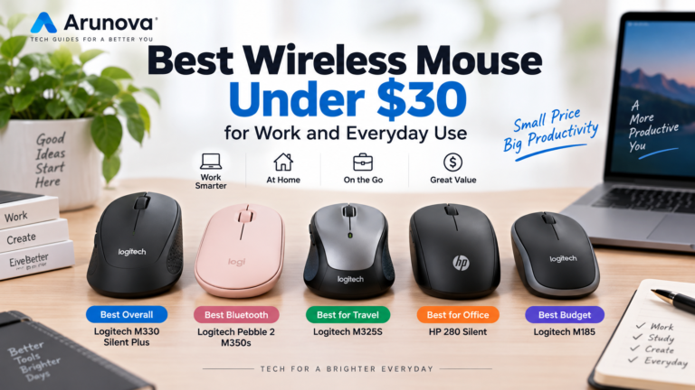 Best wireless mouse under $30 for work and everyday use, featuring Logitech M330 Silent Plus, Logitech Pebble Mouse 2 M350s, Logitech M325S, HP 280 Silent, and Logitech M185 for home office, study, travel, and daily computing.